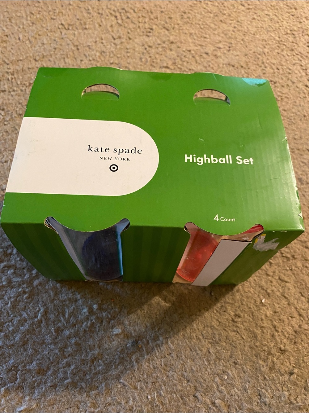 kate spade green highball set box with blue and red glass accents